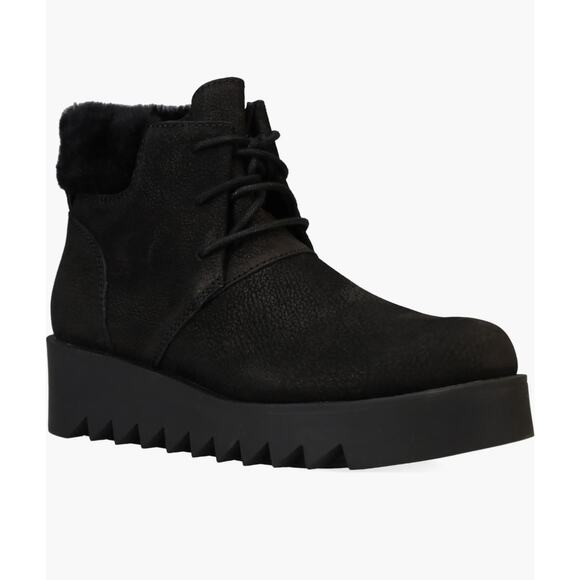 Eileen Fisher Kenille Black suede Genuine Shearling Trim Wedge Bootie size 5 - Picture 8 of 14